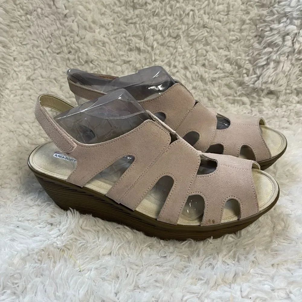 Skechers suede light pink cut out wedge sandals sling back peep toe SZ11W